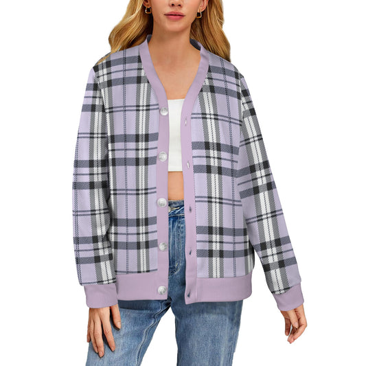 Women's Cardigan Burb Design Lightblue Black Plaid Fall Season Women's Ribbed Cardigan (Model H73)