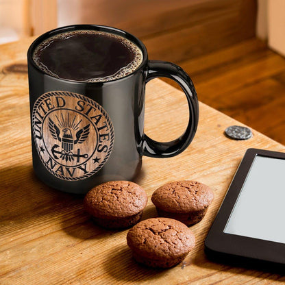 United States Navy Black & Brown Emblem Ceramic Coffee Mug (Comes With Your Initials or Rank And Name At No Additional Charge!)