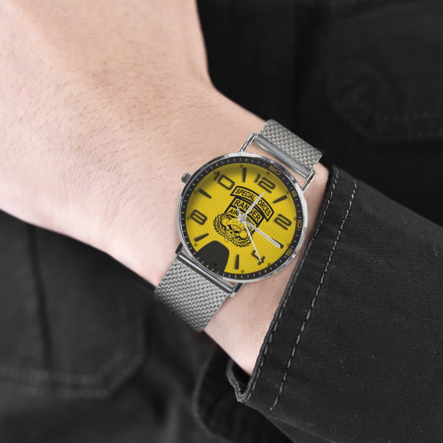 Yellow Black US Army Rangers Silver All Stainless Steel Miyota Quartz Movement Monogram Dress Watch Men's Steel Bracelet Watch Without Numbers Come With Name Or Name And Rank On Dial...