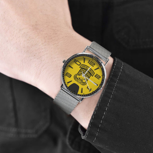 Yellow Black US Army Rangers Silver All Stainless Steel Miyota Quartz Movement Monogram Dress Watch Men's Steel Bracelet Watch Without Numbers Come With Name Or Name And Rank On Dial...