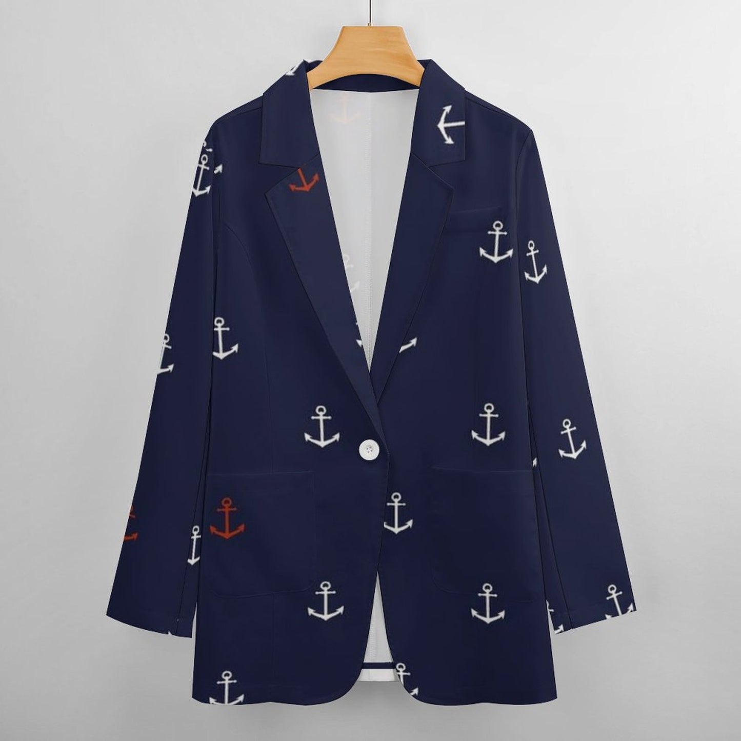 Women's Midnight Blue White And Red Anchor Pattern Casual Formal Lightweight Blazer Design All Over Print Women's Blazer