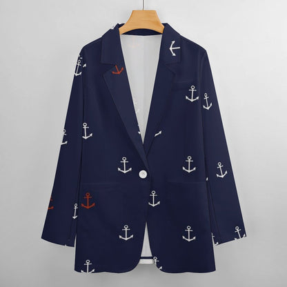 Women's Midnight Blue White And Red Anchor Pattern Casual Formal Lightweight Blazer Design All Over Print Women's Blazer