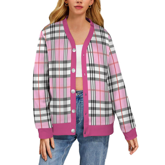 Women's Cardigan Burb Design Pink Black Plaid Fall Season Women's Ribbed Cardigan (Model H73)