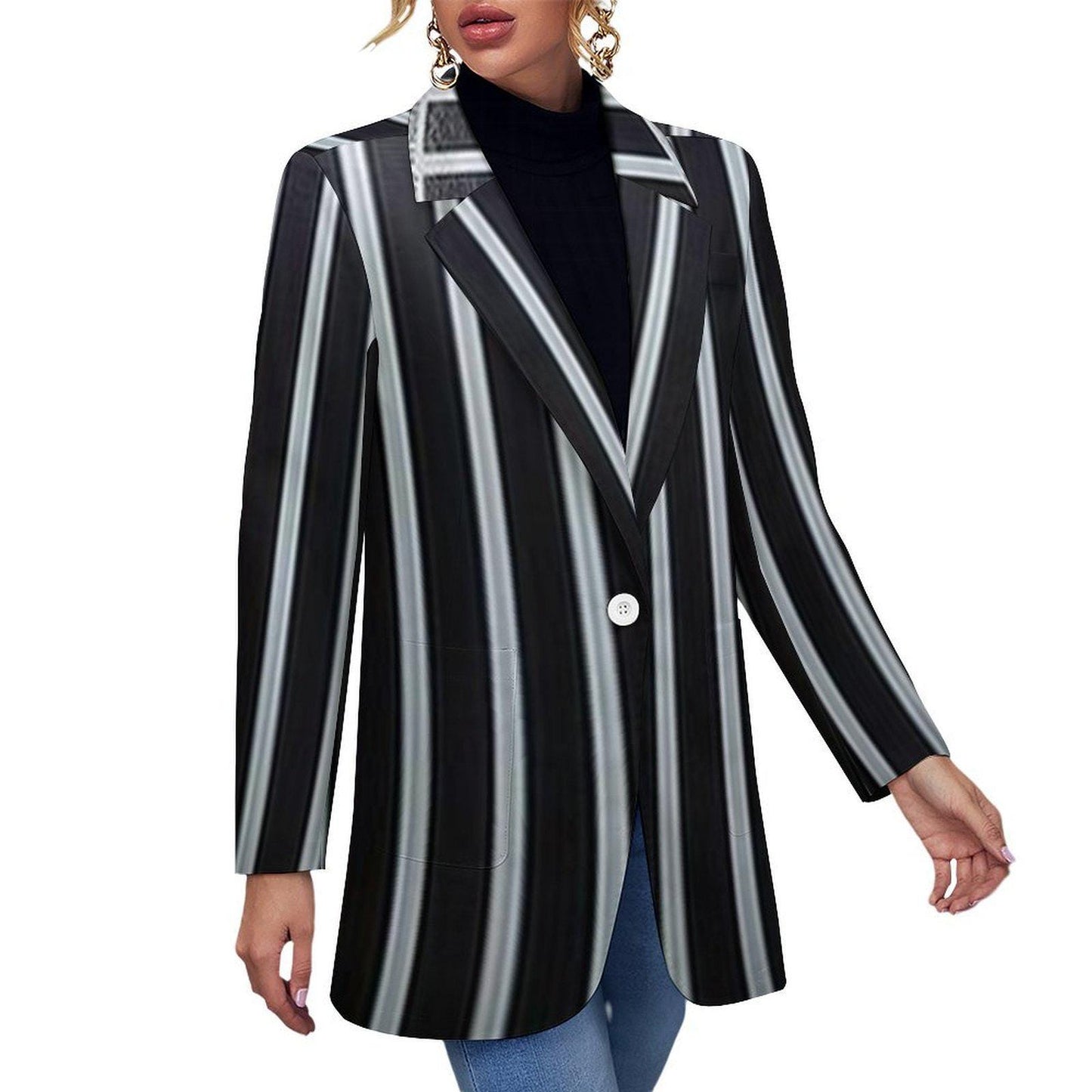 Women's Black & Light Silver Pinstripe Formal Event Dinner Party Evening Blazer Jacket..