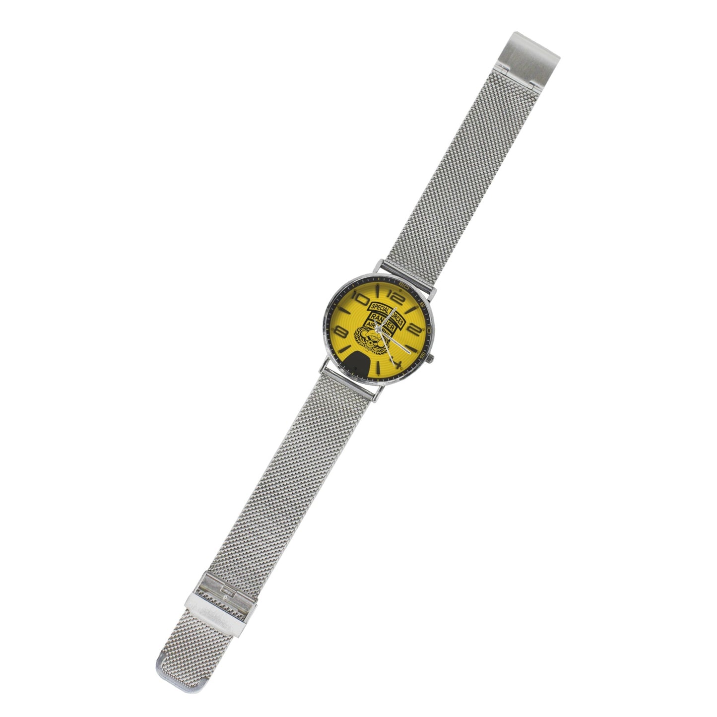 Yellow Black US Army Rangers Silver All Stainless Steel Miyota Quartz Movement Monogram Dress Watch Men's Steel Bracelet Watch Without Numbers Come With Name Or Name And Rank On Dial...