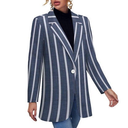 Women's Blue Light Silver White Pinstripe Summer Event Dinner Formal Casual Blazer