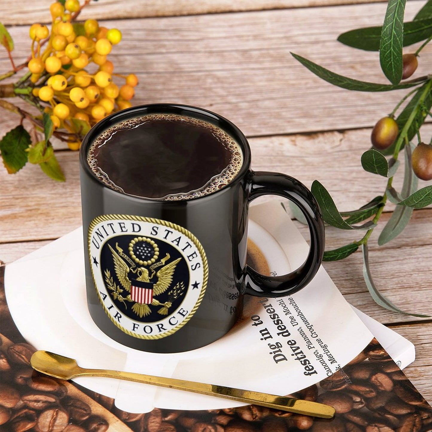 U.S. Air Force Emblem Black Ceramic Coffee Mug (Comes With Your Initials Or Rank And Name On Mug Free Of Charge!
