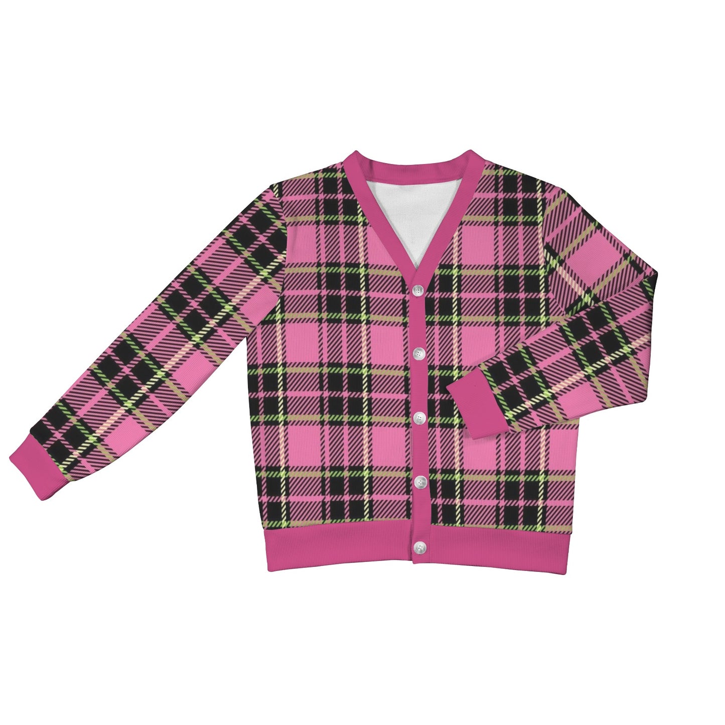 Women's Cardigan Burb Design Fuchsia Green Black Plaid Fall Season Women's Ribbed Cardigan (Model H73)