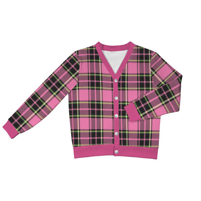 Women's Cardigan Burb Design Fuchsia Green Black Plaid Fall Season Women's Ribbed Cardigan (Model H73)