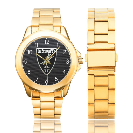Men's Women's All Stainless Steel Luftwaffe Black Carbon Fiber Insignia Dial Gold Monogram Quartz Gift Aviator Watch Come With Name Or Name And Rank On Dial...