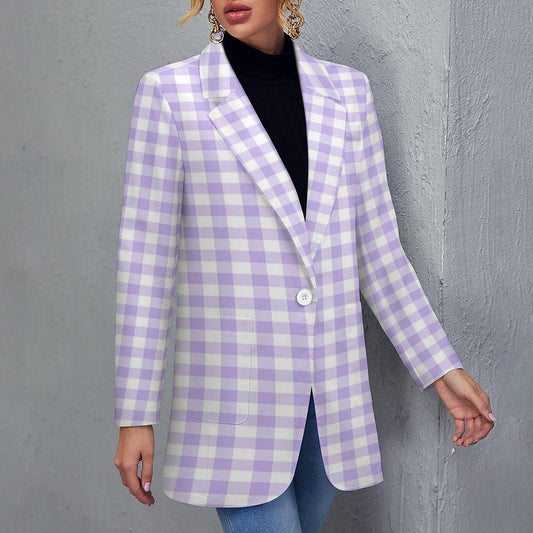 Women's Checkered Light Purple Pink & White Formal Summer Fun Event Blazer Jacket