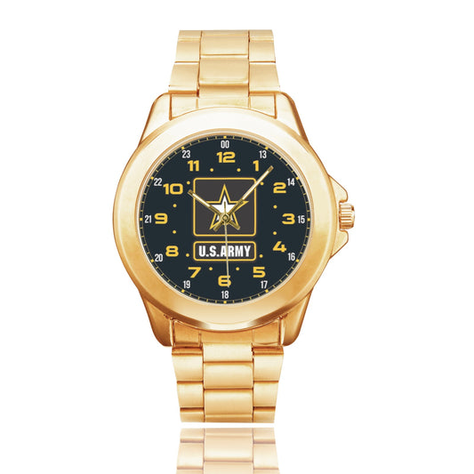 All Stainless Steel U.S. Army Insignia Dial Yellow Brown Black Gold Monogram Gift Watch Custom Gilt Watch(Model 101) Come With Name Or Name And Rank On Dial...