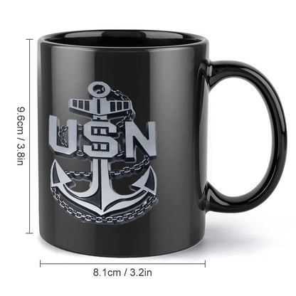United State Navy Anchor Emblem On Black Ceramic Coffee Mug (Comes With Your Initials Or Rank And Name Free Of Charge On Mug!)