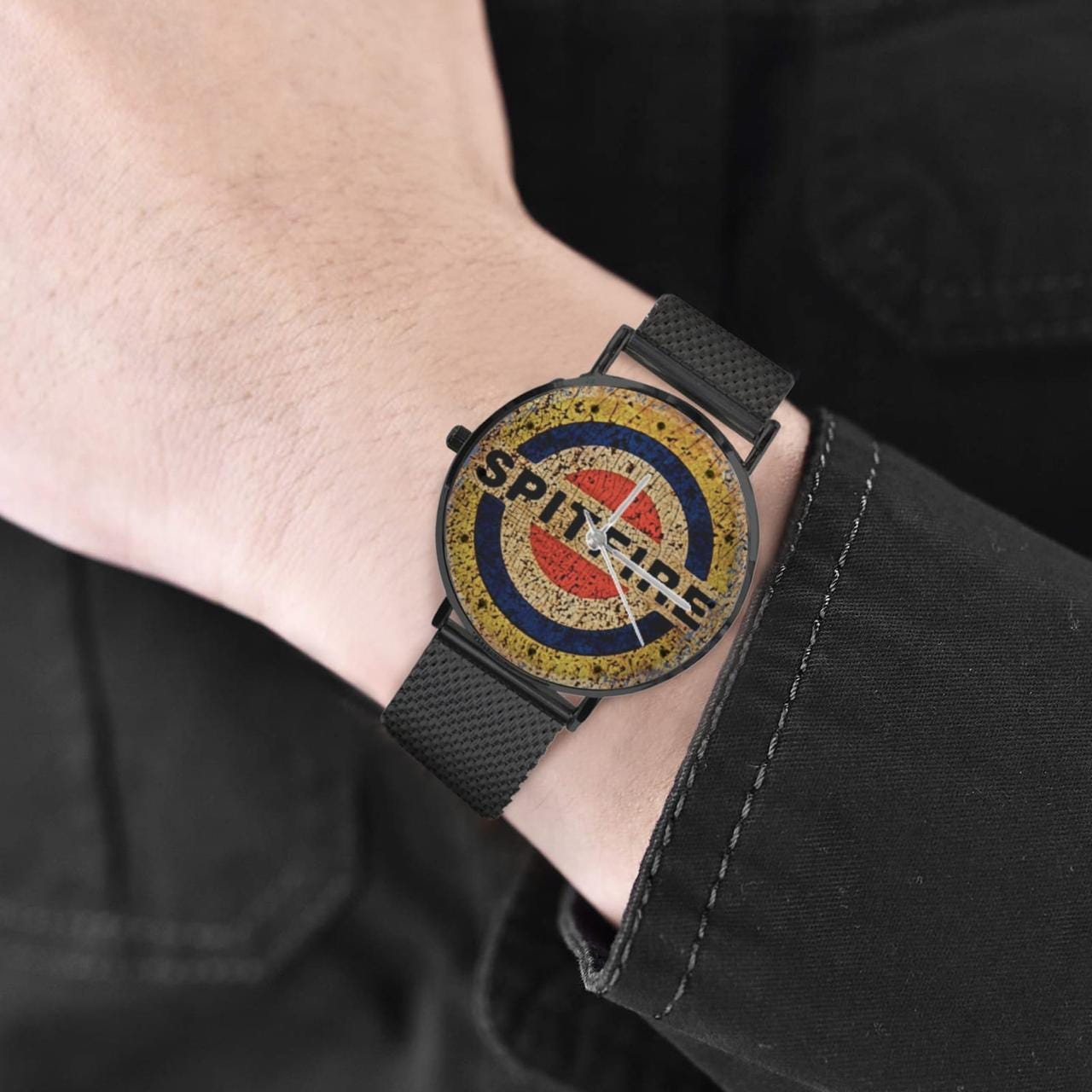 Men's Women's Spitfire Weathered Black, Blue, & Red Dial Waterproof Monogram Black Stainless Steel Dress Aviator Watch Come With Name Or Name And Rank On Dial...