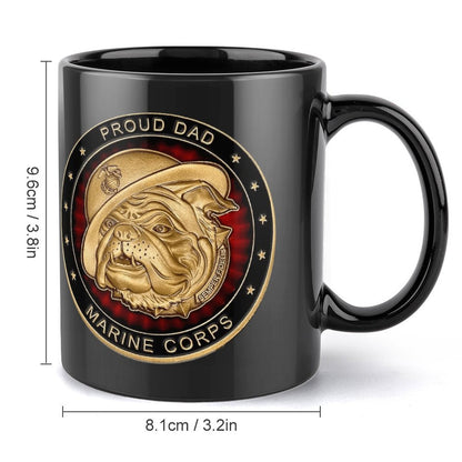 United States Marine Corps Proud Dad Emblem On Black Ceramic Coffee Mug (Comes With Your Initials Or Rank And Name Free Of Charge On Mug!)