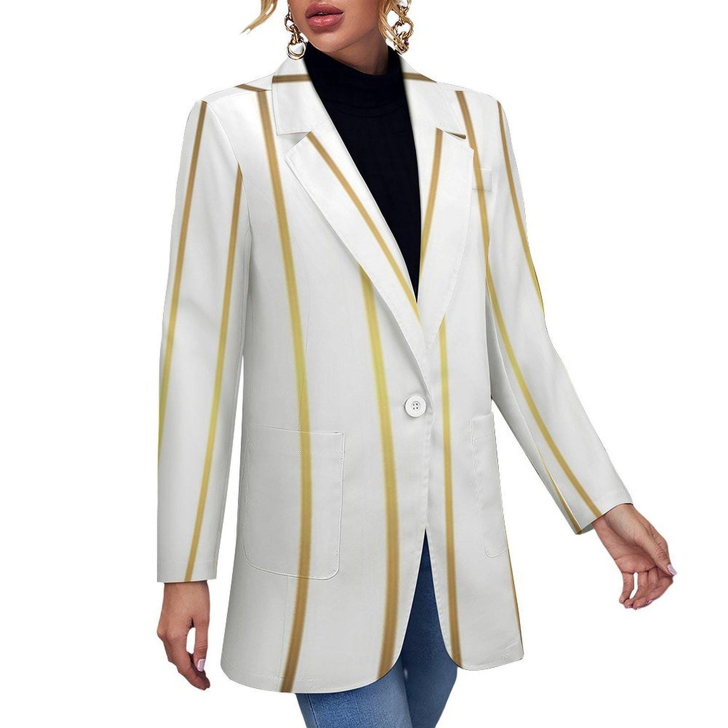 Women's White & Gold Pinstripe Summer Formal Event Fun Blazer Jacket...