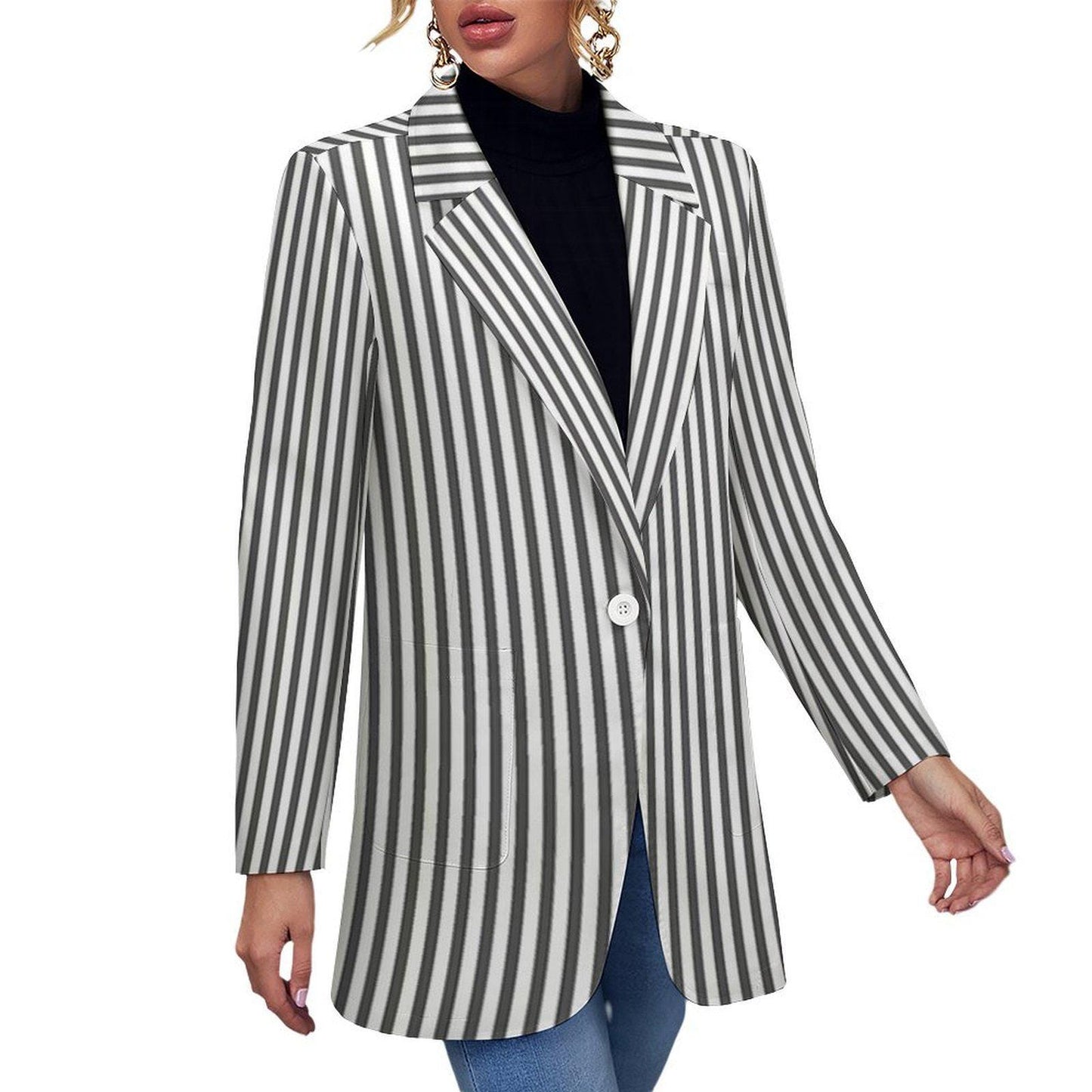 Women's Madison Ave White & Black Pinstripe Print Blazer For Fun Or Dress Type Summer Events