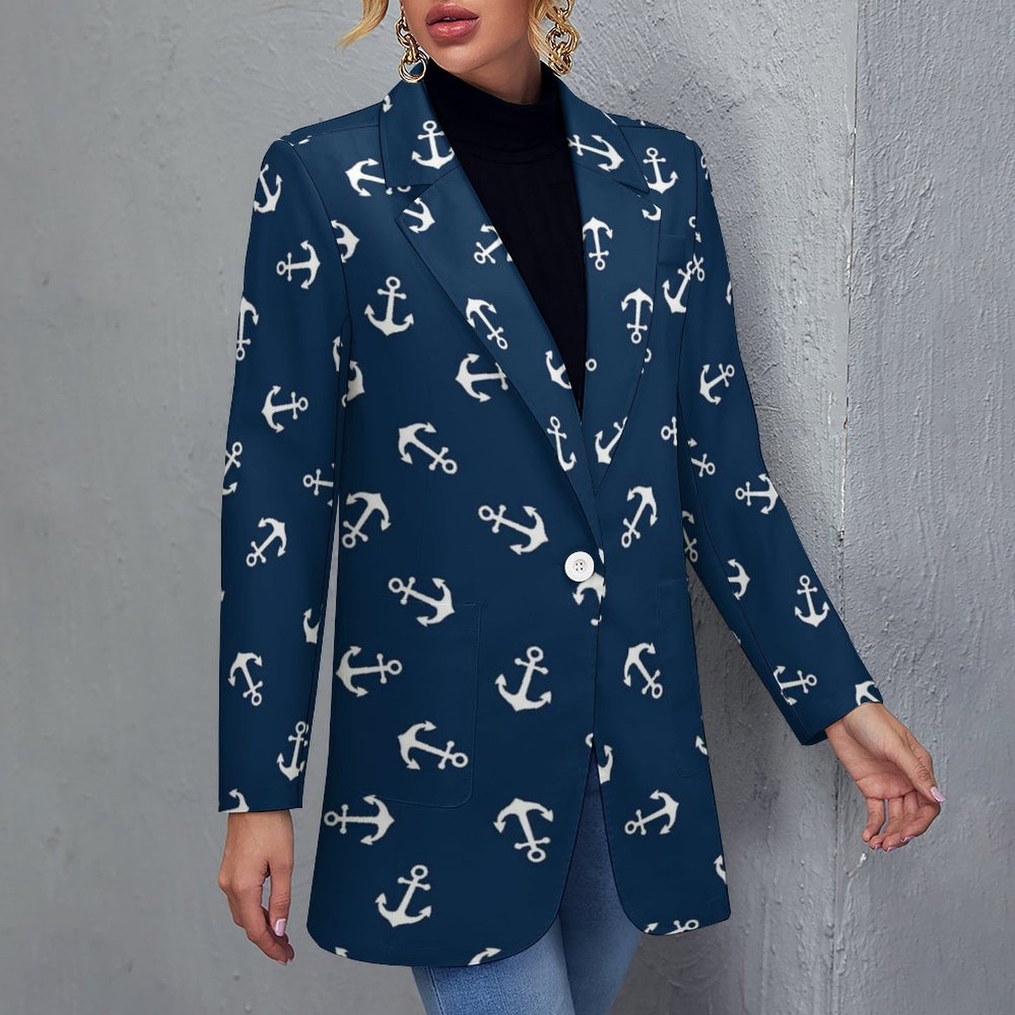 Women's Deep Blue W White Nautical Anchor Print Casual Formal Lightweight Blazer Design All Over Print Women's Blazer
