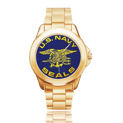 Men's Women's All Stainless Steel U.S. Navy Seals Blue Yellow Insignia Dial Gold Monogram Quartz Gift Watch Come With Name Or Name And Rank On Dial...
