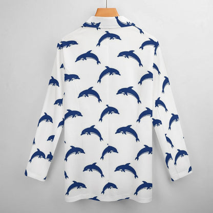 Women's White W Blue Dolphins Print Casual Formal Lightweight Blazer Design All Over Print Women's Blazer