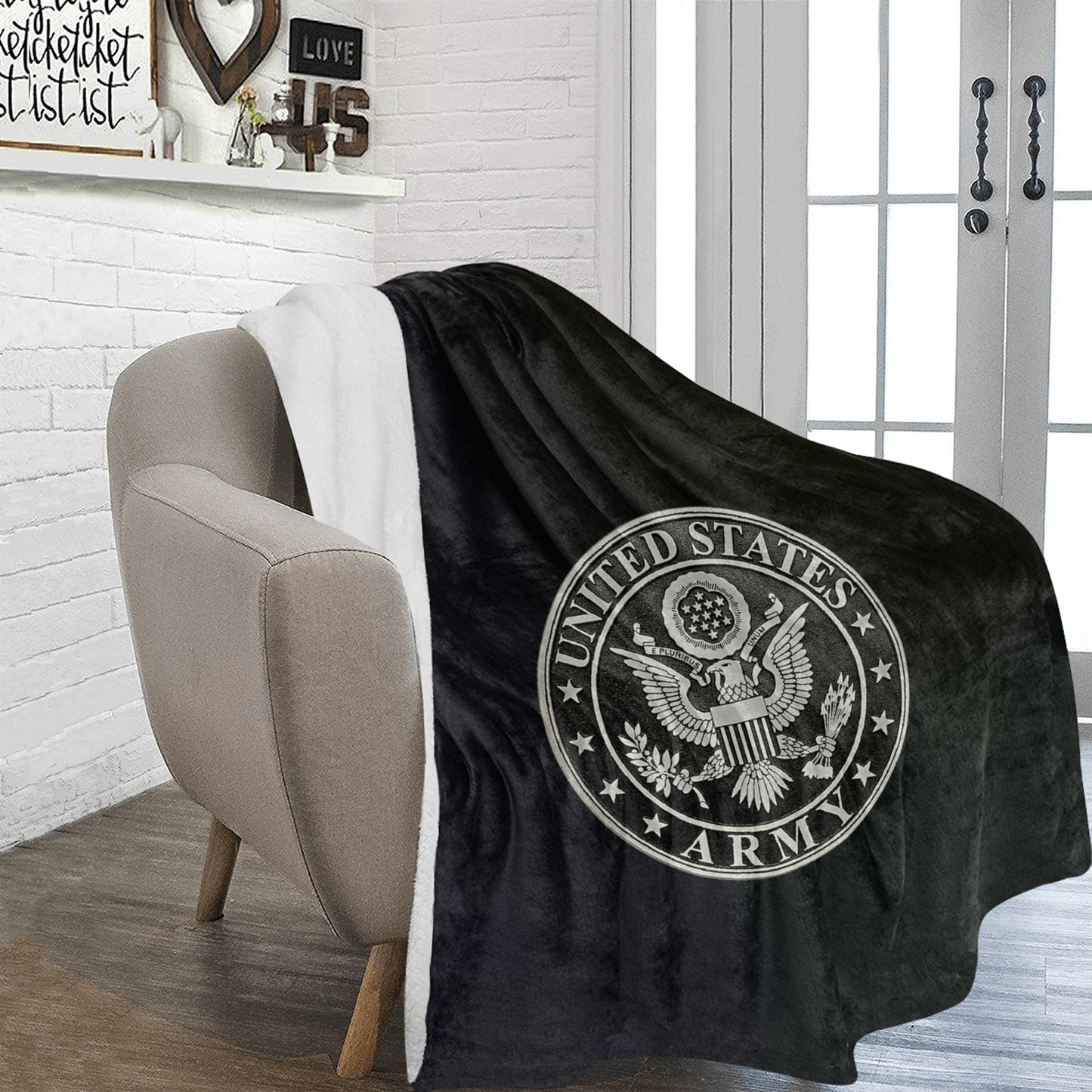 Large Black Microfiber Micro Fleece Flannel 70X80 Inch Soft Warm Monogram U.S. Army Silver Insignia Black Blanket...