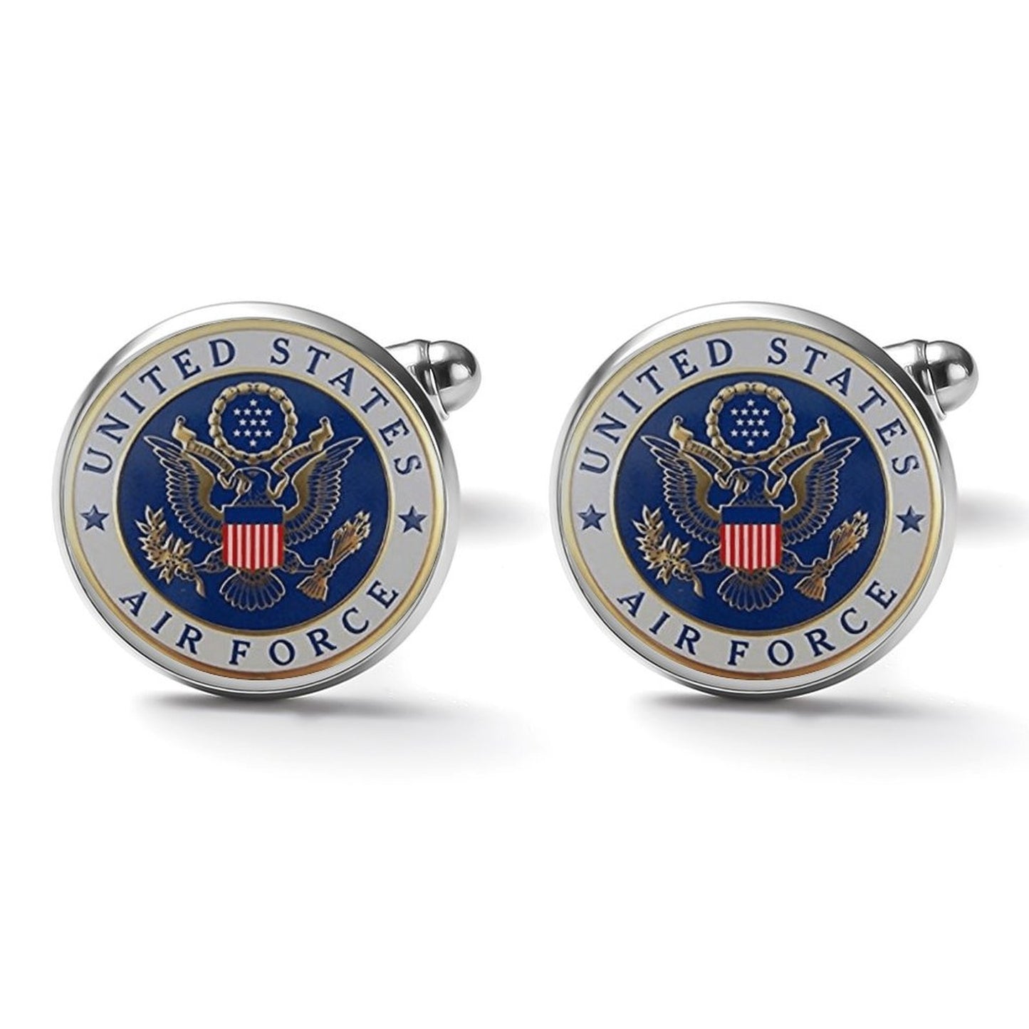 Men's Custom Made Alloy Silver W White Carbon Fiber Background U.S. Air Force Insignia In Blue & Gold Come With Your Initials On Them....