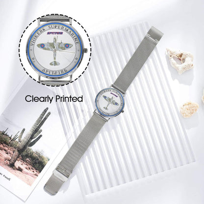 Men's Women's Vickers SuperMarine Spitfire White W Blue Dial Waterproof Monogram Silver Stainless Steel Dress Aviator Watch Come With Name Or Name And Rank On Dial...