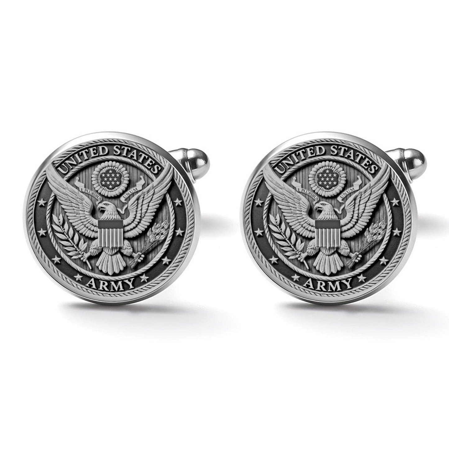 Men's Custom Made Alloy Silver W Black Carbon Fiber Background U.S. Army Silver Insignia In Black & Silver Come With Your Initials On Them....