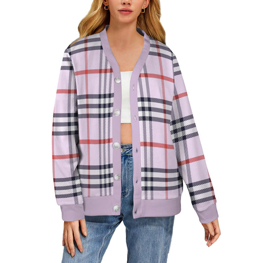 Women's Cardigan Burb Design Lightblue Red Black Plaid Fall Season Women's Ribbed Cardigan (Model H73)