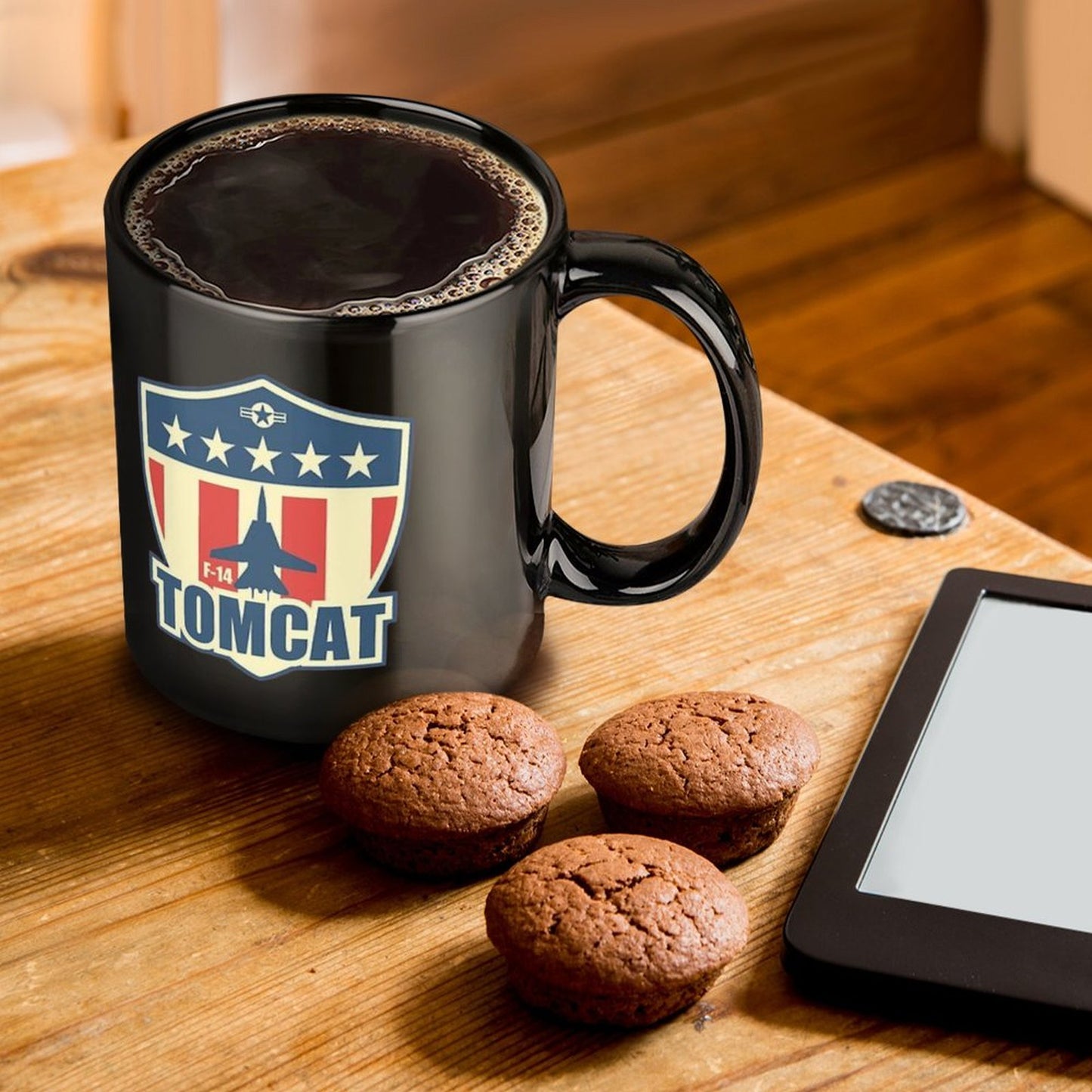United States Navy TOMCAT Emblem On Black Ceramic Coffee Mug (Comes With Your Initials Or Rank And Name Free Of Charge On Mug!)