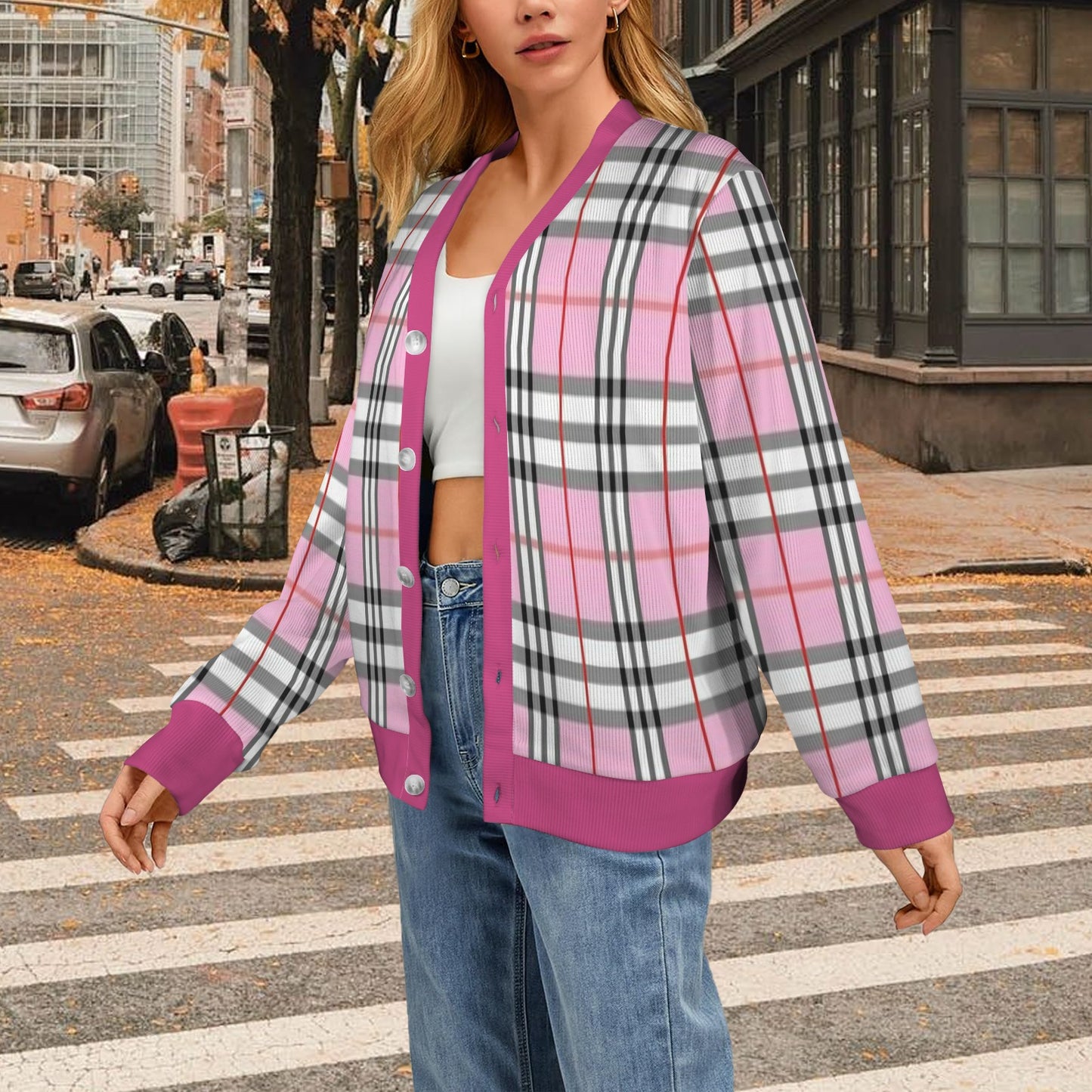 Women's Cardigan Burb Design Pink Black Plaid Fall Season Women's Ribbed Cardigan (Model H73)
