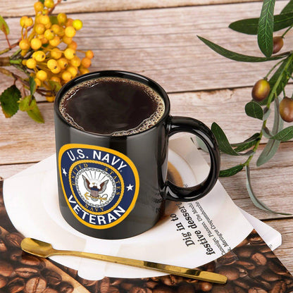 United States Navy Veteran Black Ceramic Coffee Mug That Comes With Your Initials Or Rank And Name Free Of Additional Charges.