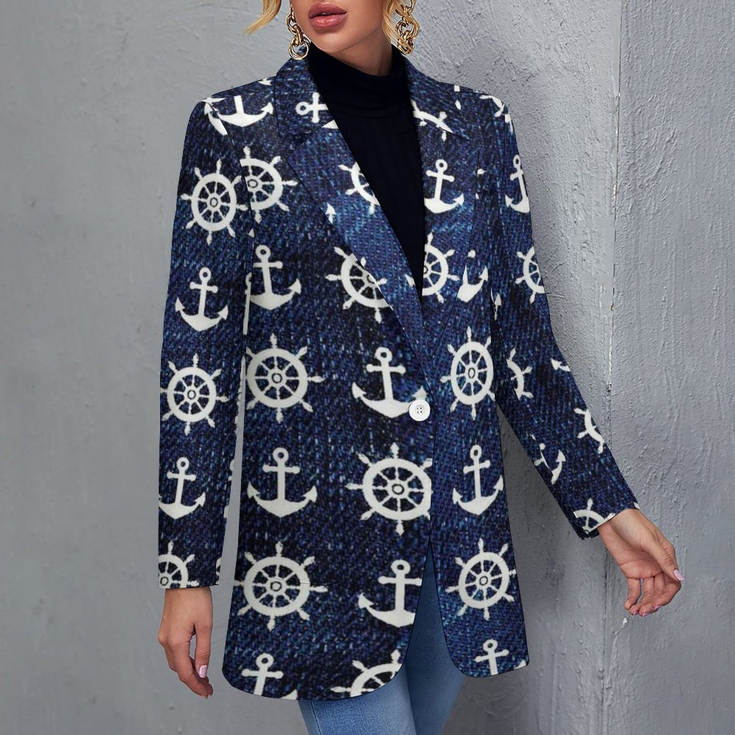 Women's Blue W White Nautical Print Casual Formal Lightweight Blazer Jacket All Over Print Women's Blazer