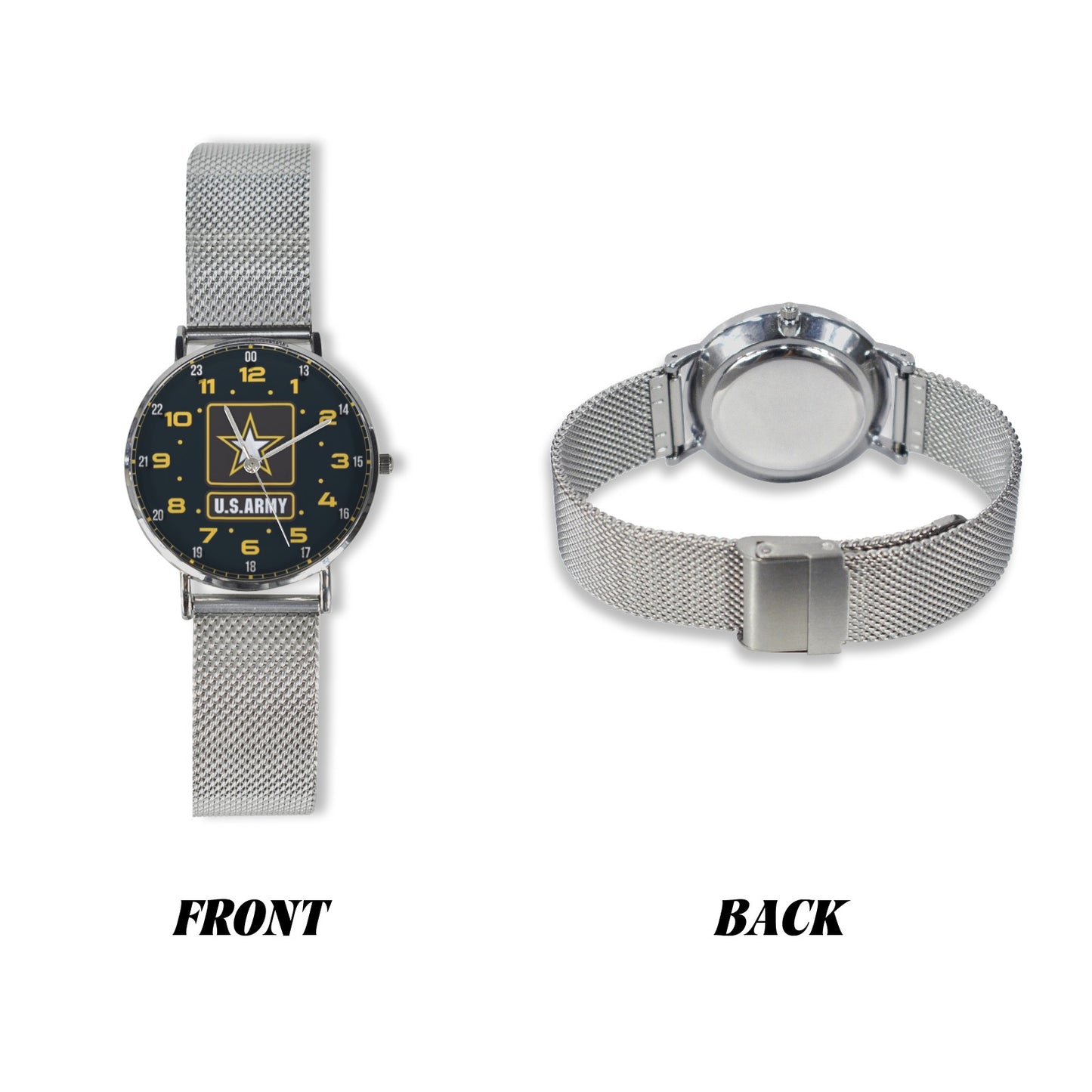 Yellow Black Brown US Army Insignia Dial Silver All Stainless Steel Monogram Dress Watch Men's Steel Bracelet Watch Without Numbers Come With Name Or Name And Rank On Dial...