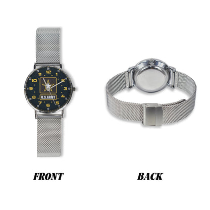 Yellow Black Brown US Army Insignia Dial Silver All Stainless Steel Monogram Dress Watch Men's Steel Bracelet Watch Without Numbers Come With Name Or Name And Rank On Dial...