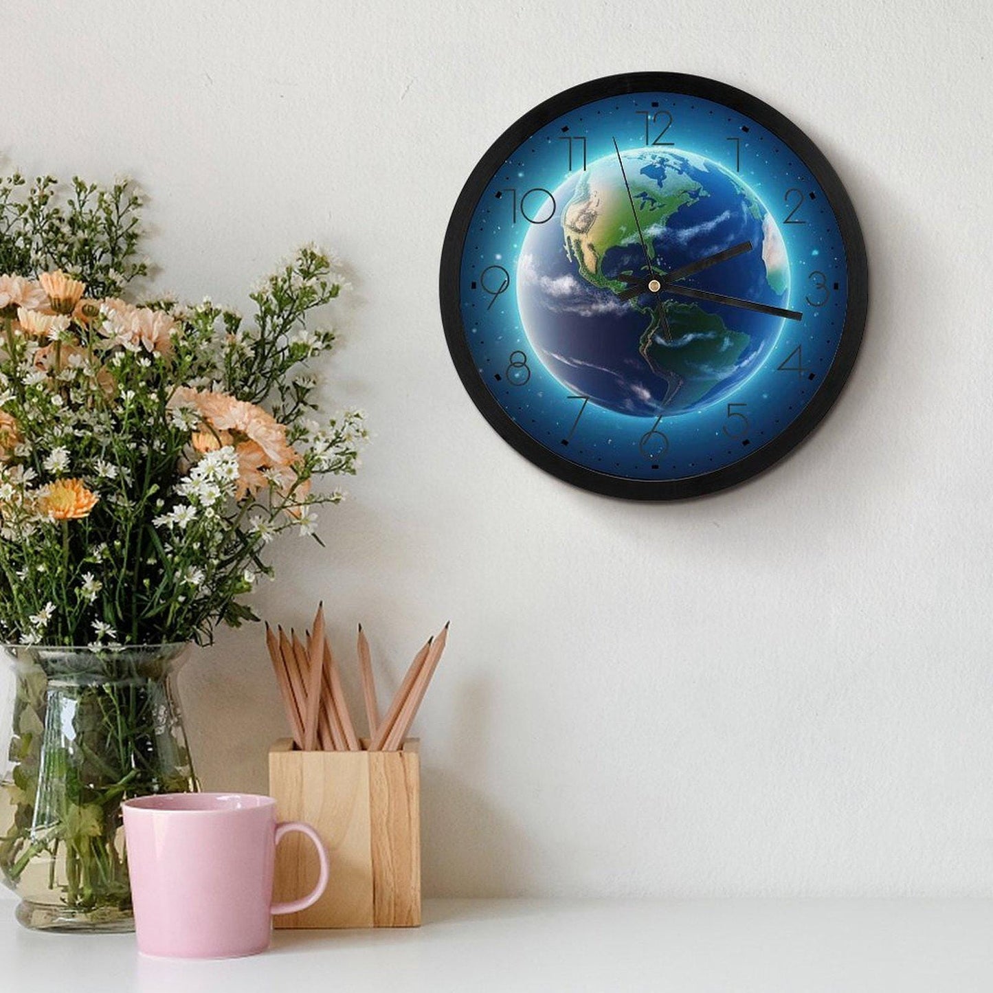 Planet Earth With Sun Reflecting Outer Round Ridge Wall Clock (10 Inch Round In Diameter)