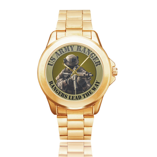 All Stainless Steel U.S. Army Rangers Insignia Dial Gold Monogram Gift Watch Custom Gilt Watch(Model 101) Come With Name Or Name And Rank On Dial...