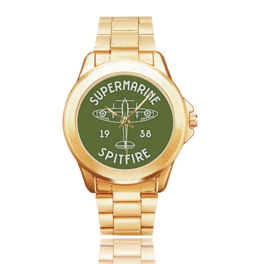 All Stainless Steel Spitfire Aviation Green White Insignia Gold Monogram Gift Watch Custom Gilt Watch(Model 101) Come With Name Or Name And Rank On Dial...
