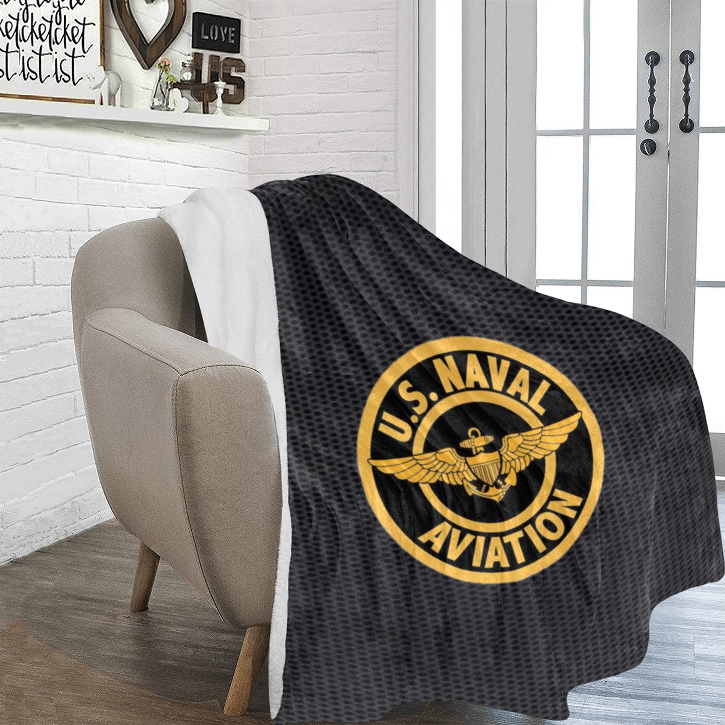 Large Black Microfiber Micro Fleece Flannel 70X80 Inch Soft Warm Monogram U.S. Naval Aviation Gold Insignia Black Blanket...