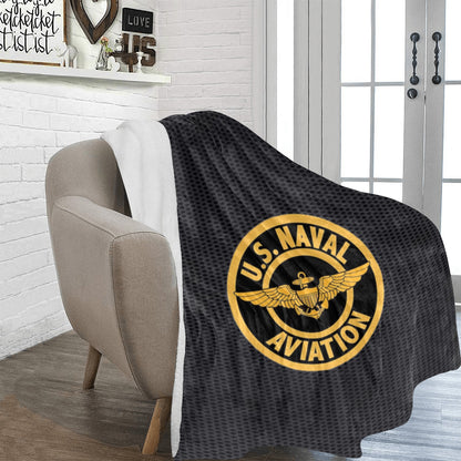 Large Black Microfiber Micro Fleece Flannel 70X80 Inch Soft Warm Monogram U.S. Naval Aviation Gold Insignia Black Blanket...