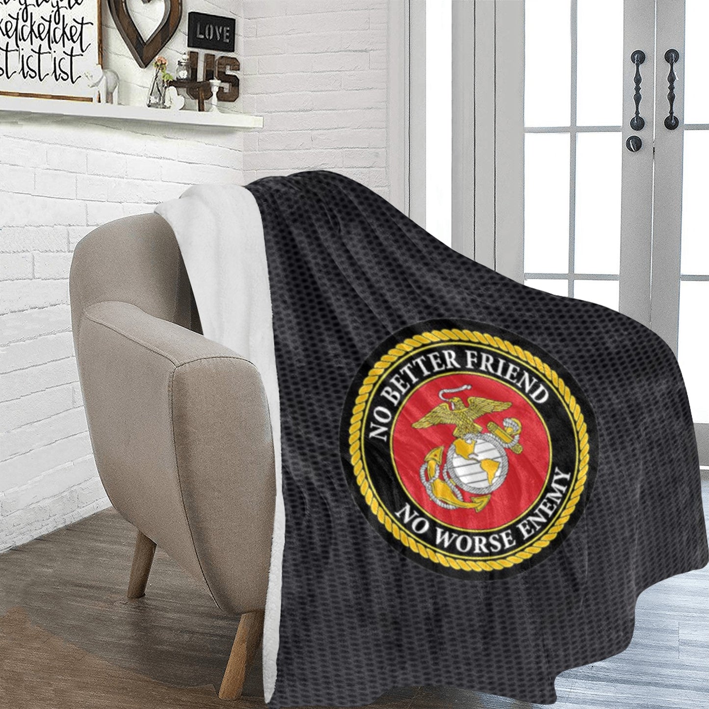 Large Black Microfiber Micro Fleece Flannel 70X80 Inch Soft Warm Monogram U.S. Marine Corps Insignia Black Blanket...