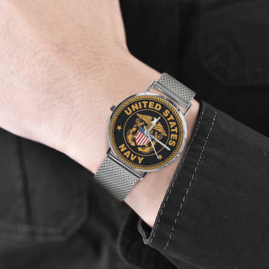 Men's Women's U.S. Navy Emblem Waterproof Monogram Silver Stainless Steel Dress Military Watch Come With Name Or Name And Rank On Dial...
