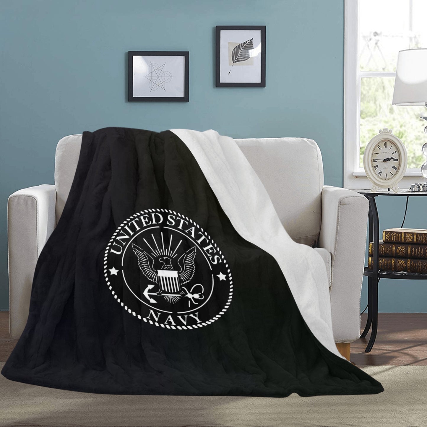 Large Black Microfiber Micro Fleece Flannel 70X80 Inch Soft Warm Monogram U.S. Navy White Insignia Black Blanket...
