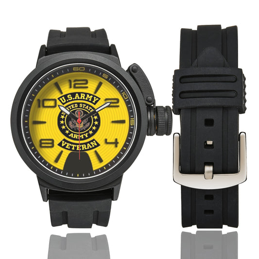 Yellow Black Print Sport Dial US Army Veteran Insignia Miyota Quartz Movement Large Monogram Watch Men's Sports Watch(Model 309) Come With Name Or Name And Rank On Dial...