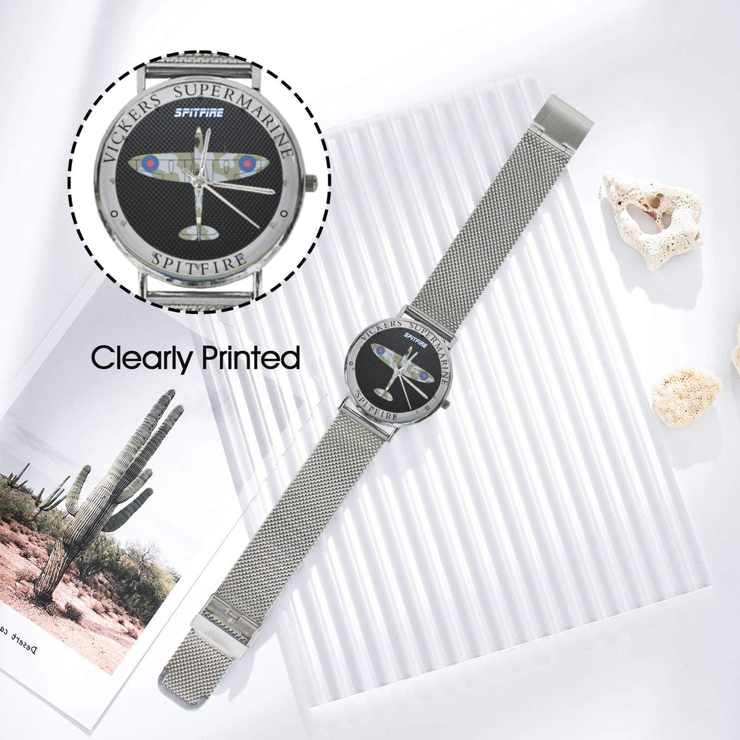 Men's Women's Vickers SuperMarine Spitfire W Black Carbon Fiber Background Waterproof Monogram Silver Stainless Steel Dress Aviator Watch Come With Name Or Name And Rank On Dial...