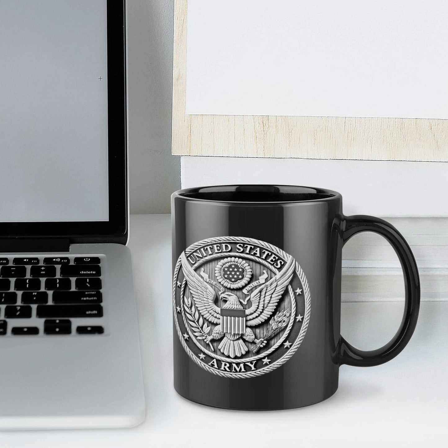 United States Army Silver Emblem On Black Ceramic Coffee Mug (Comes With Your Initials Or Rank And Name Free Of Charge On Mug!)
