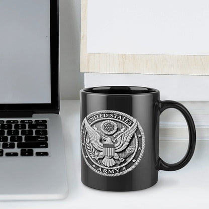 United States Army Silver Emblem On Black Ceramic Coffee Mug (Comes With Your Initials Or Rank And Name Free Of Charge On Mug!)