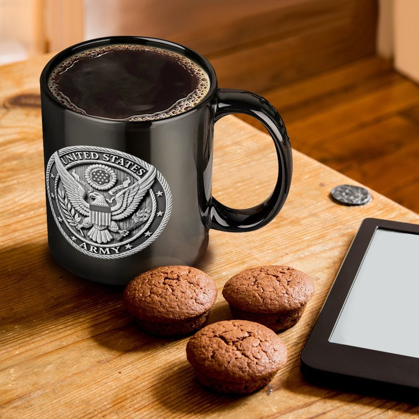 United States Army Silver Emblem On Black Ceramic Coffee Mug (Comes With Your Initials Or Rank And Name Free Of Charge On Mug!)