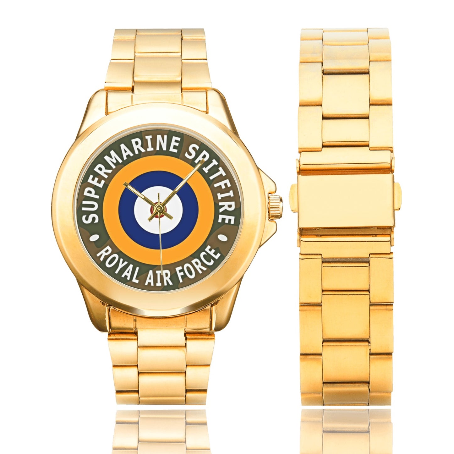 All Stainless Steel Spitfire Aviation Insignia Gold Monogram Gift Watch Custom Gilt Watch(Model 101) Come With Name Or Name And Rank On Dial...