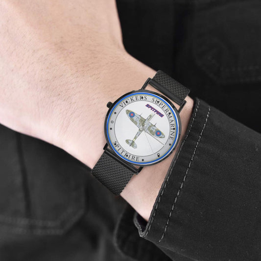 Men's Women's Vickers SuperMarine Spitfire White W Blue Dial Waterproof Monogram Black Stainless Steel Dress Aviator Watch Come With Name Or Name And Rank On Dial...